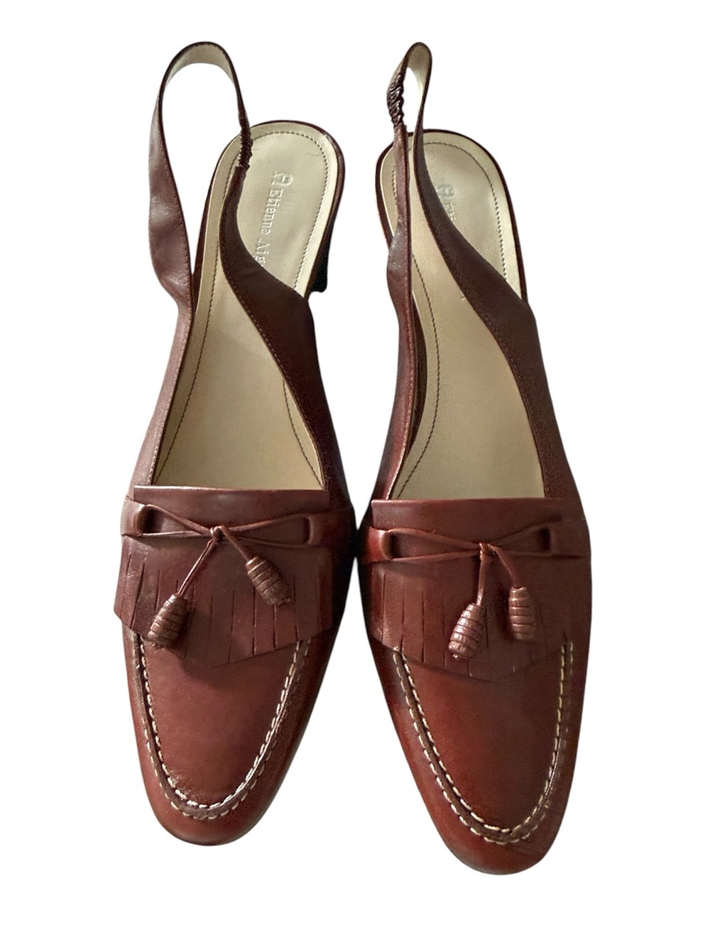Etienne Aigner Brown Leather Kiltie Tassel Slingback High Heels – Size 9M